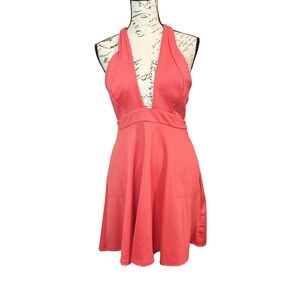 Free People Beach Coral‎ Pink Deep V-Neck Skater Mini Dress Small Pockets Boho